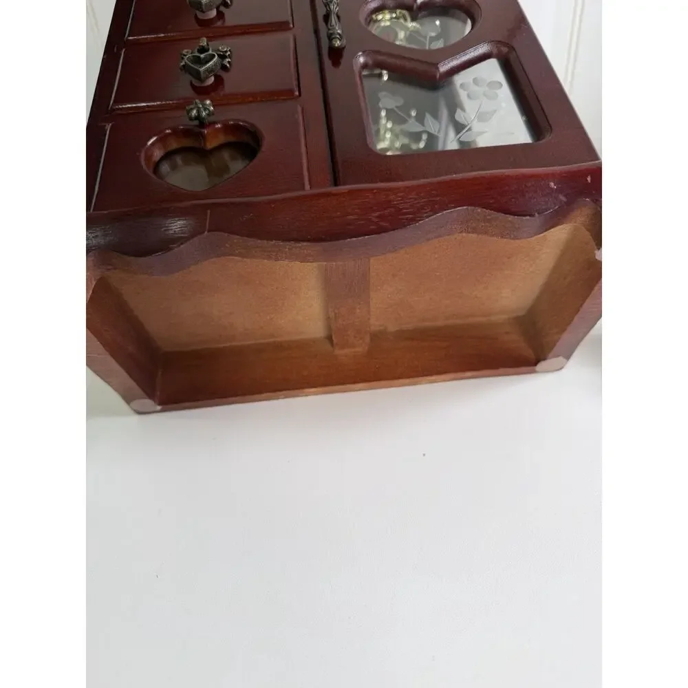 Vintage Wooden Jewelry Armoire Box Mahogany Glass Door w/ 4 drawers Grannycore
